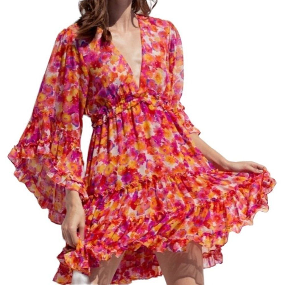 Womens Misa Dress Yasemin Mini Ruffle Statement Sleeve Festival Floral Pink Sz S